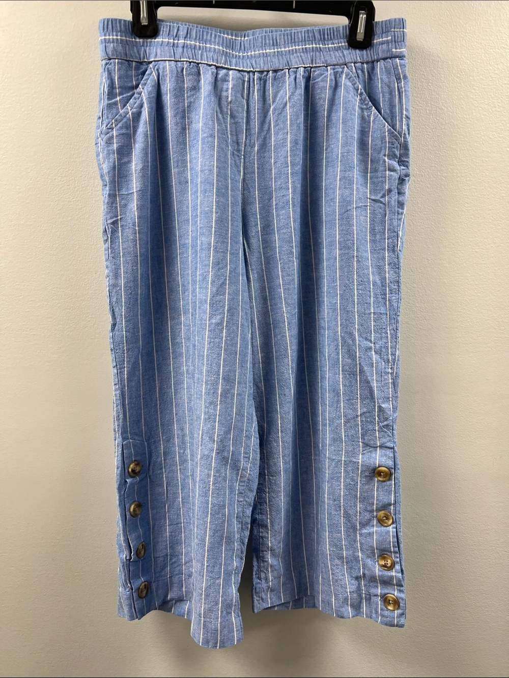 Counterparts Light Blue & White Striped Girls Capri Pants with Button Details